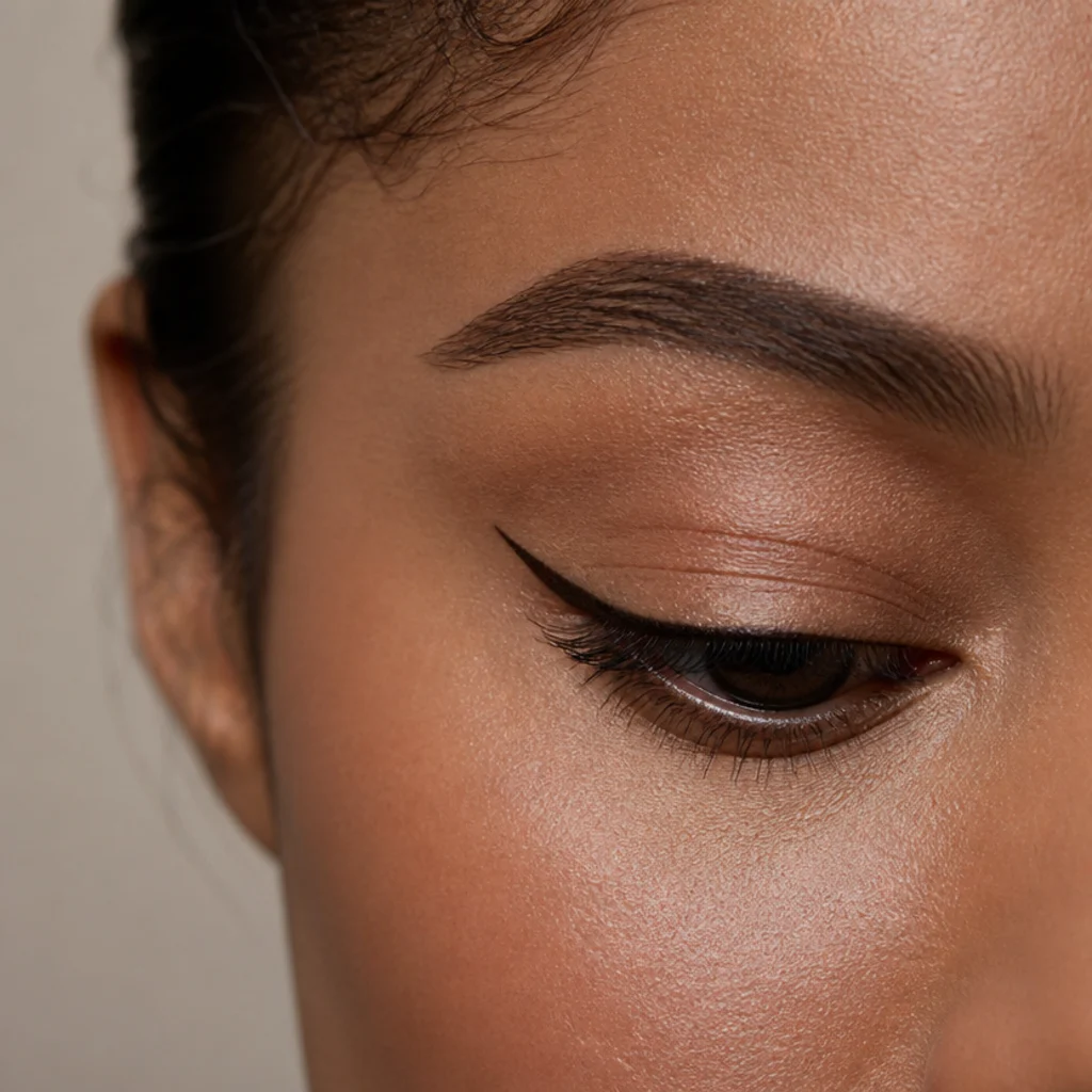 Downturned eye with a small, rounded kitten flick lifting the outer edge softly for a daytime look