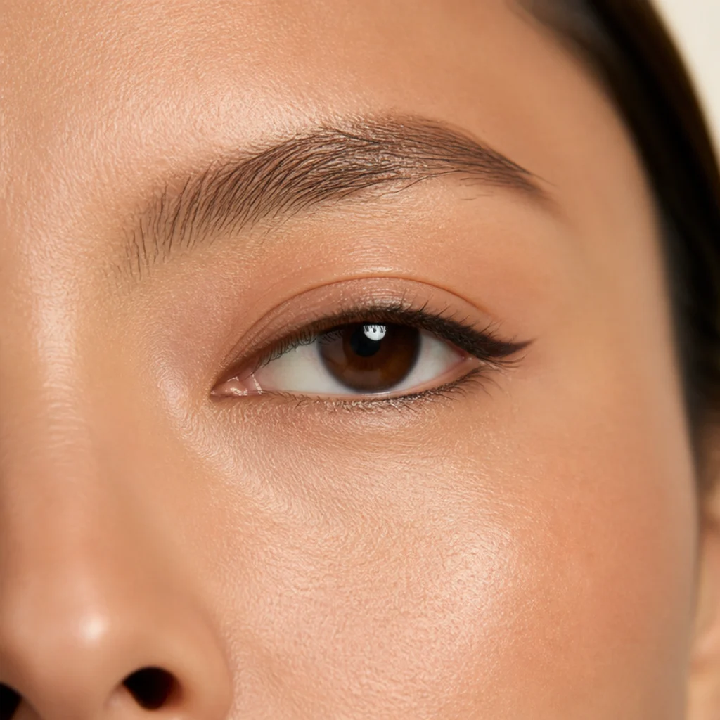 Upturned eye with an even, thin liner line balancing the naturally lifted outer corner
