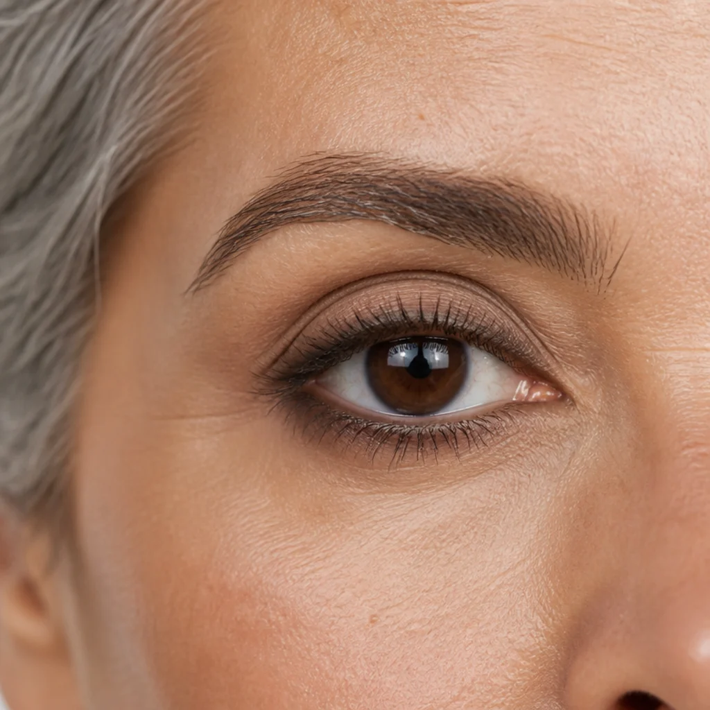 Protruding eye with a slightly thicker, softly diffused line wrapping the upper and lower lash lines