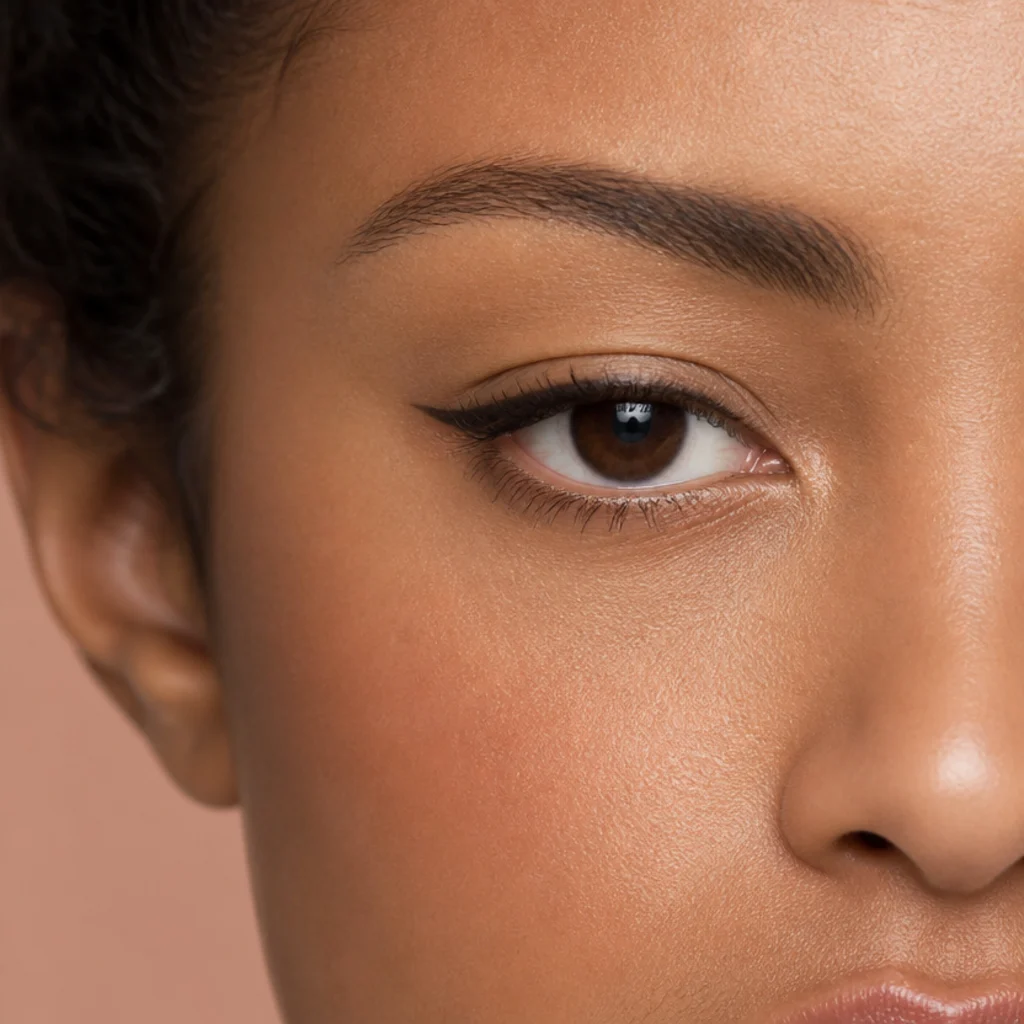 Small eye with dark upper liner and a nude line on the lower waterline to fake a larger, brighter eye