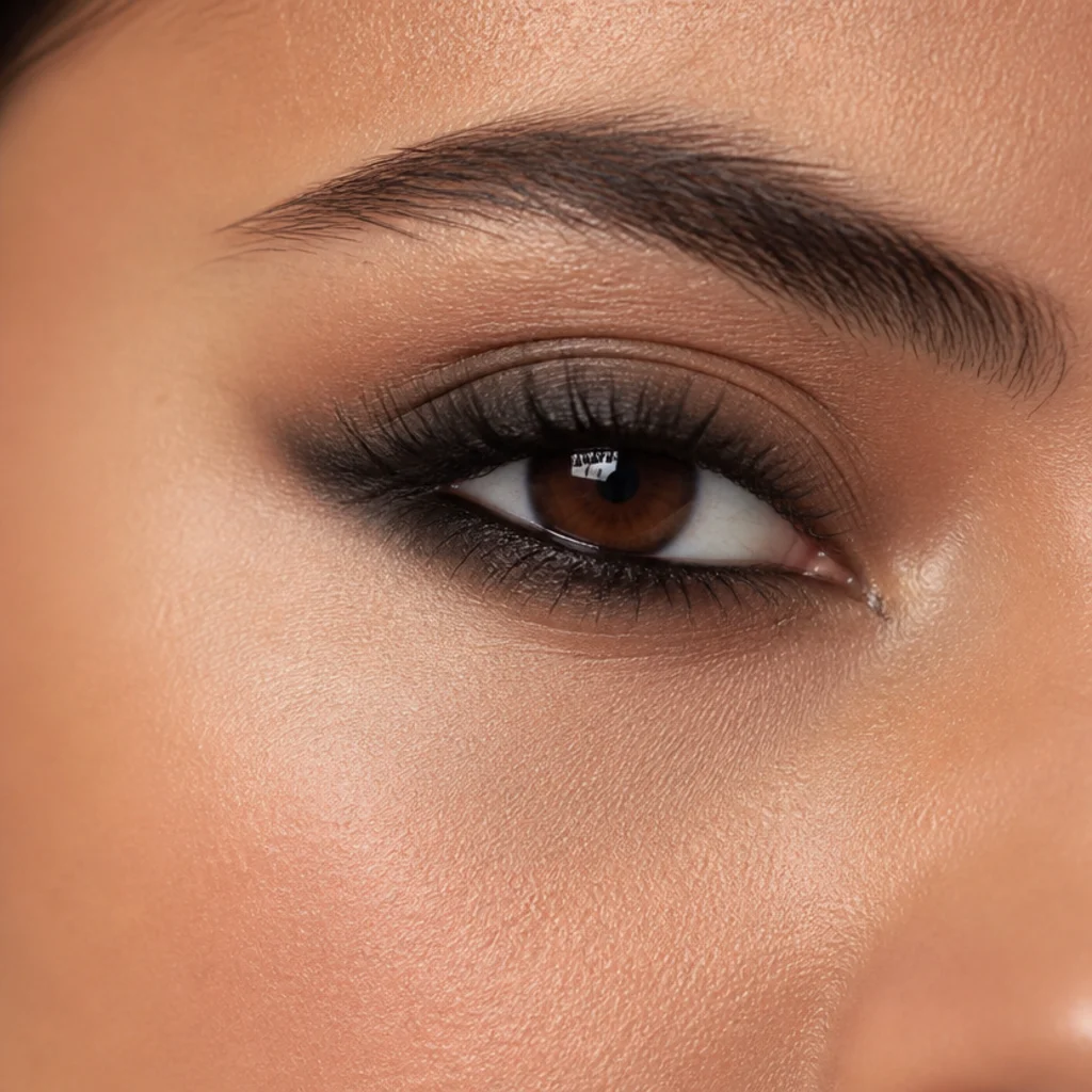 Almond eye with a smoked charcoal line blended softly along the upper and outer lower lashes for evening
