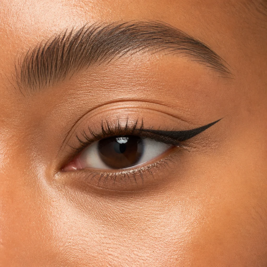 Hooded eye held open with a modern graphic liner drawn only on the outer half of the lid