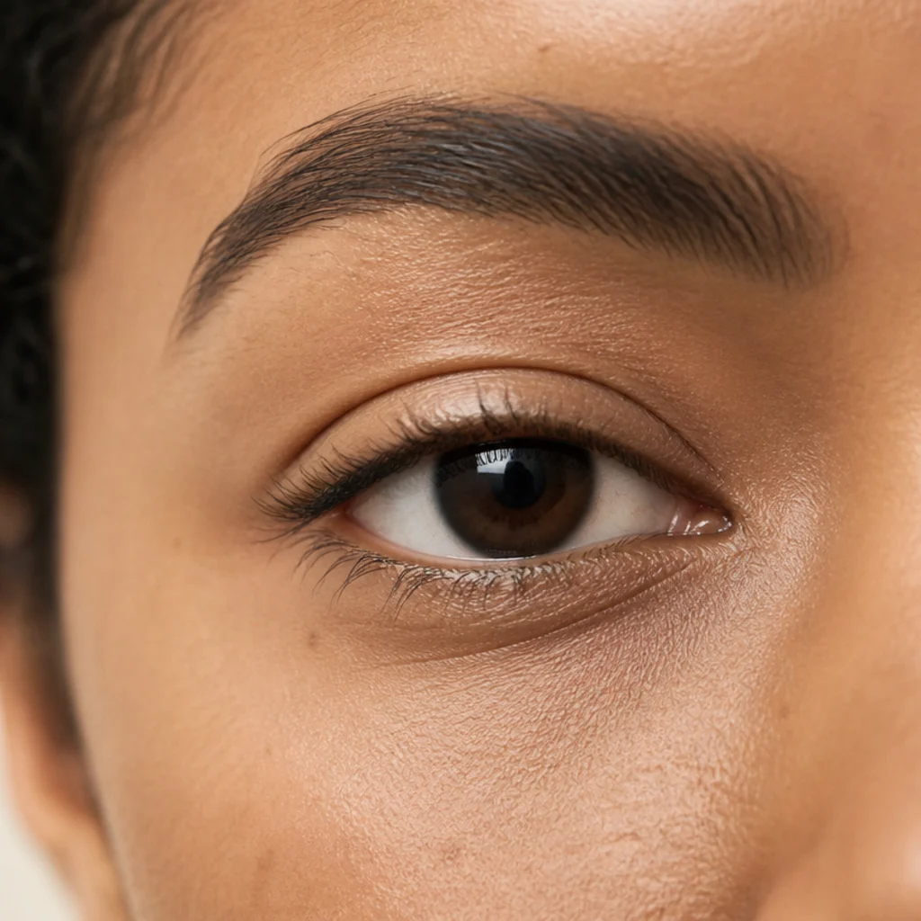 Neutral eye with a simple thin brown liner hugging the upper lash line, suitable for any eye shape