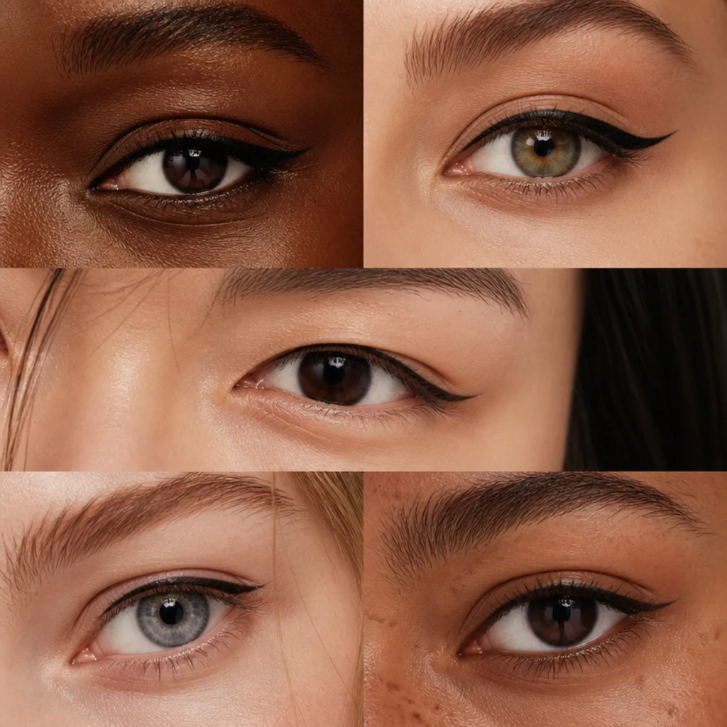 Editorial eye-makeup flat-lay showing five different eye shapes with matching simple eyeliner looks