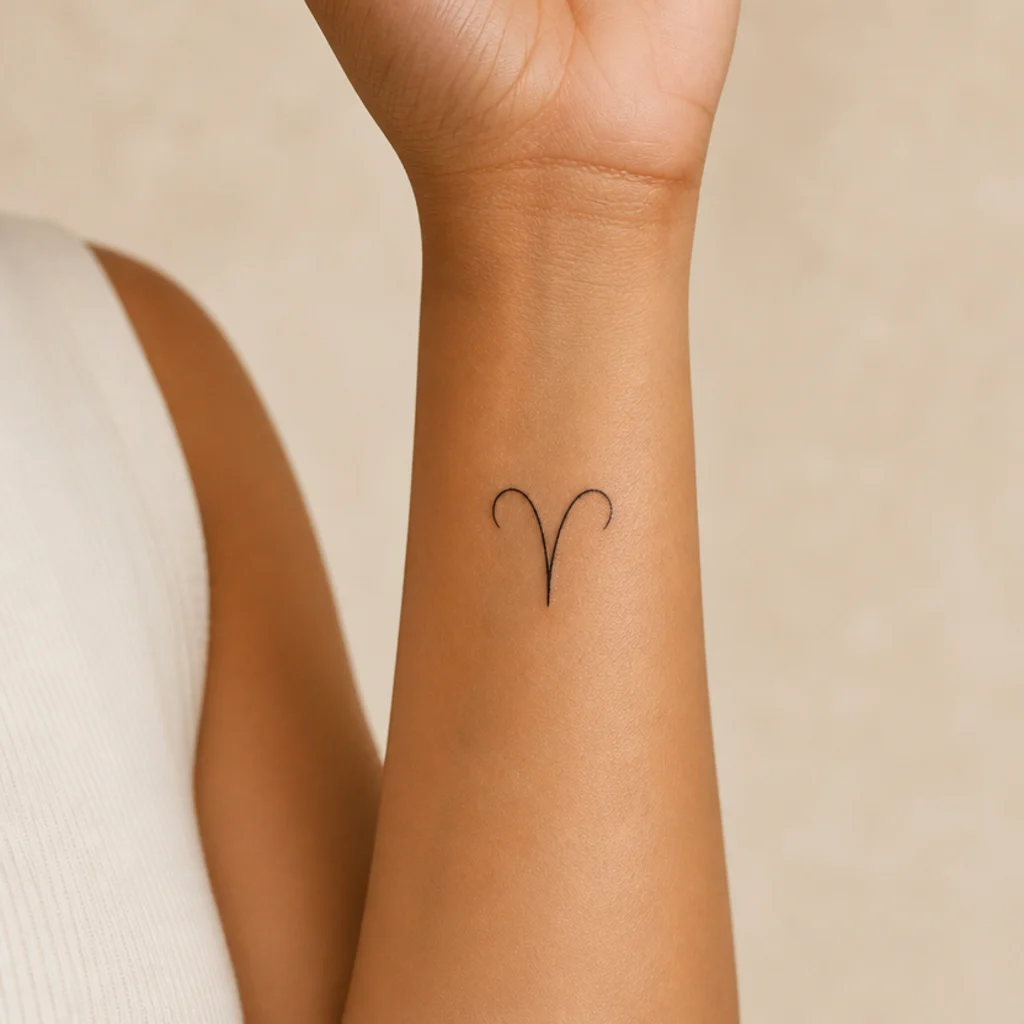 Minimalist single-line Aries ram glyph tattoo in solid black ink on an inner forearm