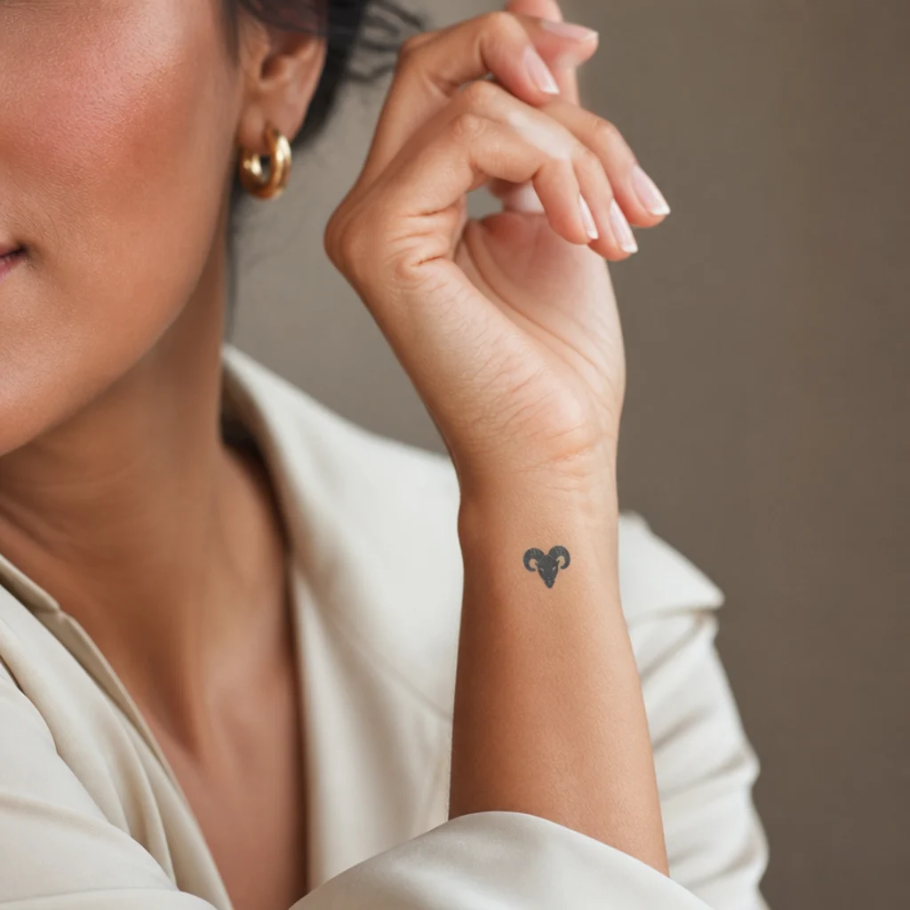 Small solid-black ram head silhouette tattoo with curled horns and clean negative space on an outer wrist