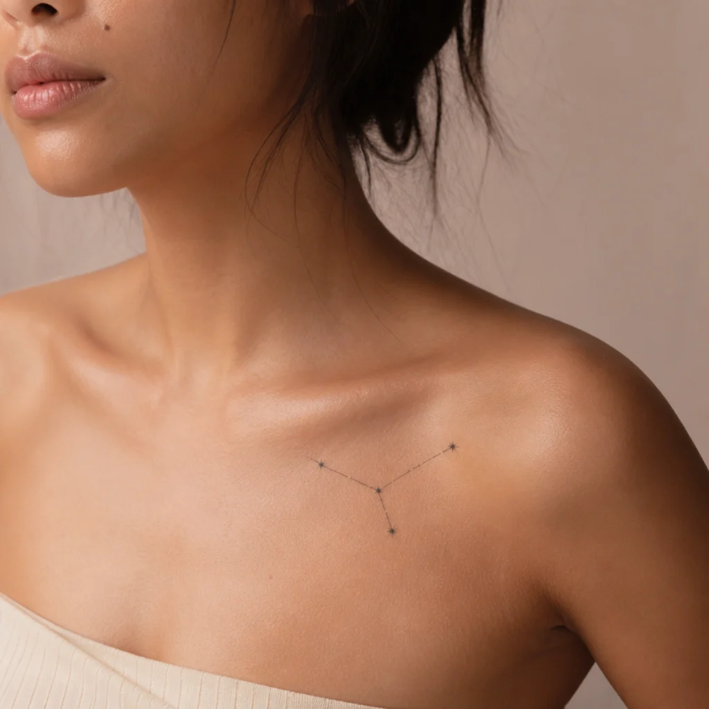 Delicate fine-line Aries constellation tattoo with small graduated star dots on a collarbone