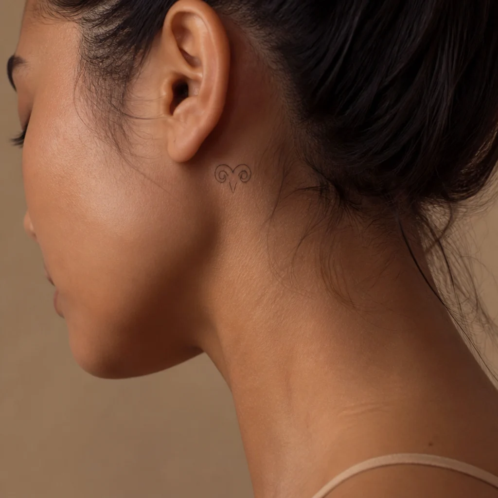 Tiny curled ram horns tattoo in fine black line placed behind the ear along the hairline