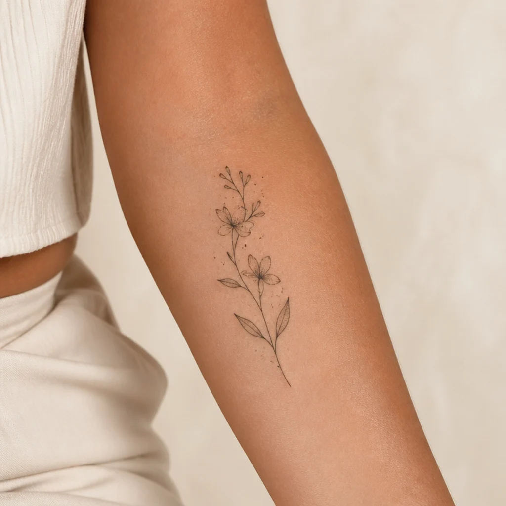 Small Aries flower tattoo featuring a slim honeysuckle sprig in fine black line on a forearm