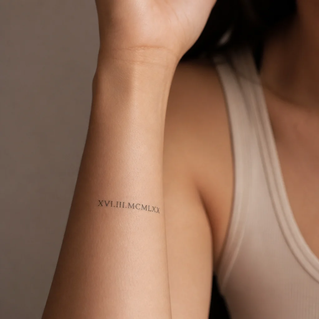 Small Roman numeral birth date tattoo in fine serif lettering with even spacing along an inner forearm