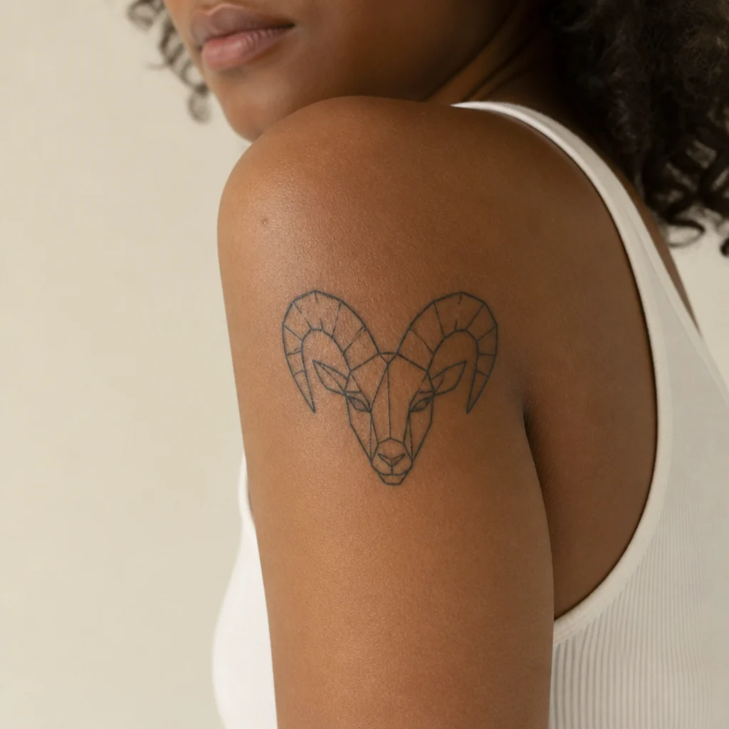 Geometric line-art ram head tattoo formed from angular black strokes of even weight on a shoulder