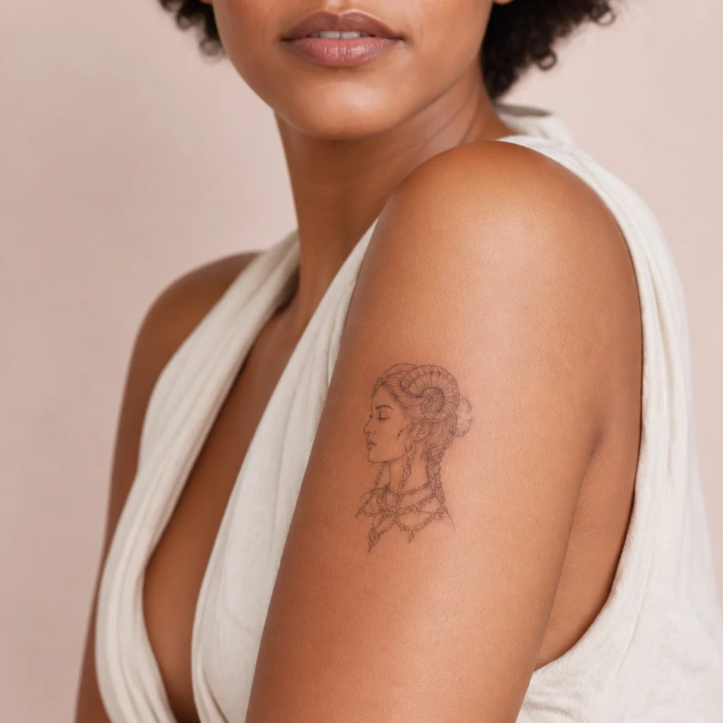 Small fine-line profile of a mythic goddess with subtle ram horns and breathing room around the features on an upper arm