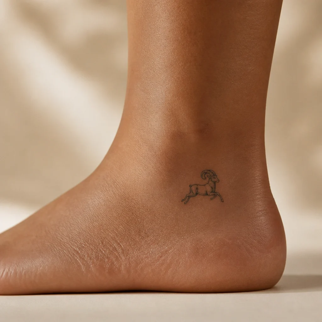 Tiny walking ram tattoo in fine black line showing the animal mid-stride on the outer ankle
