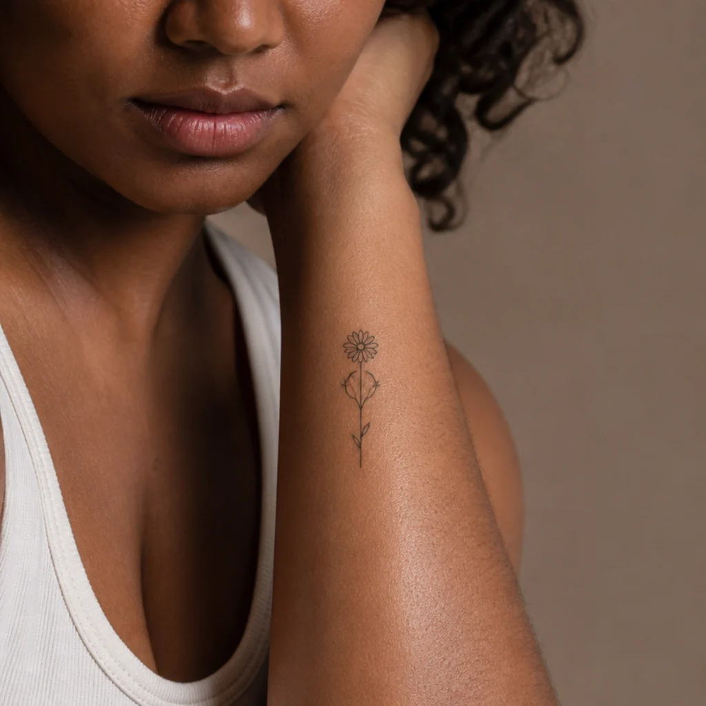 Aries glyph combined with a small daisy birth flower tattoo in balanced fine line on a forearm