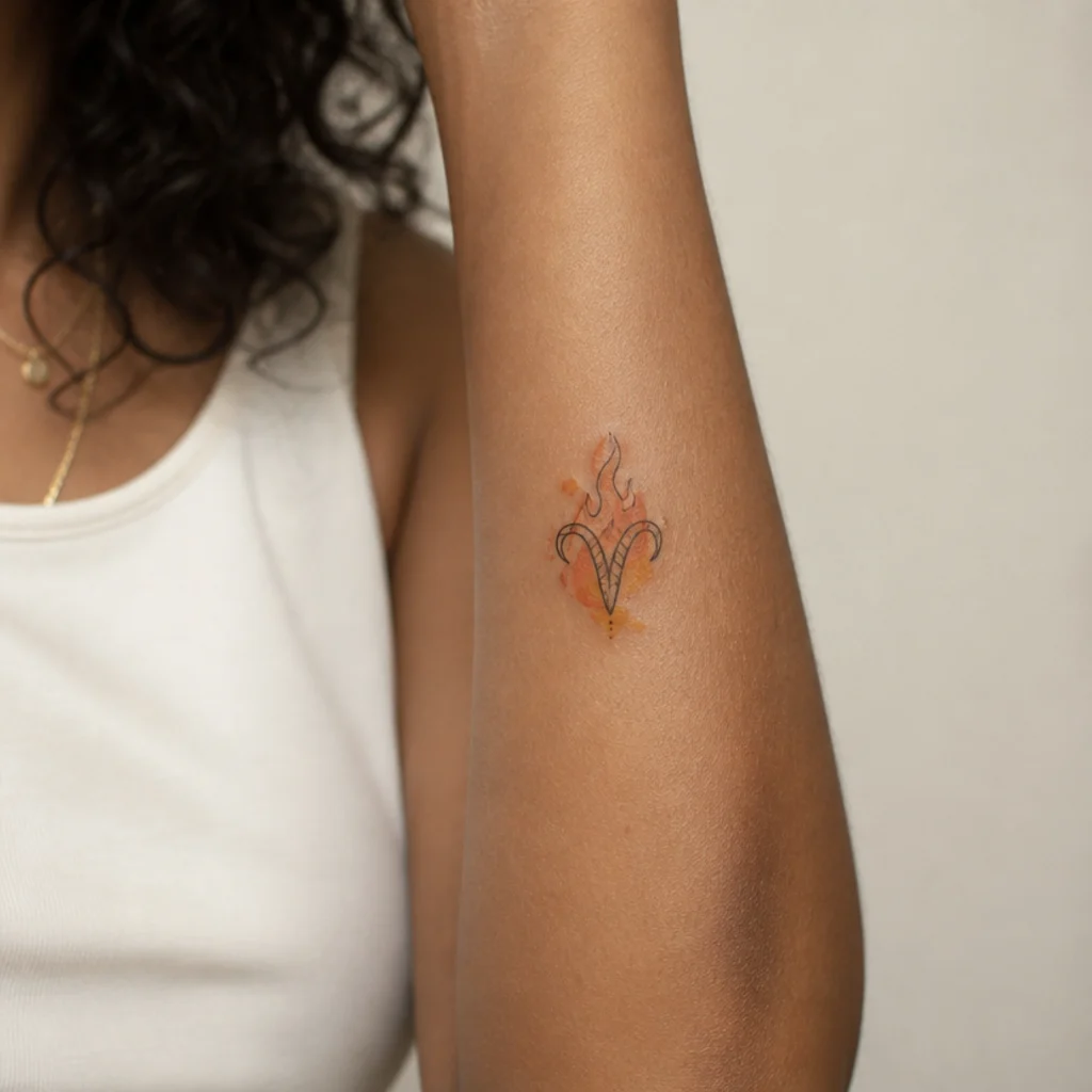 Small Aries flame tattoo with a soft contained watercolor ember wash in warm muted tones on a forearm