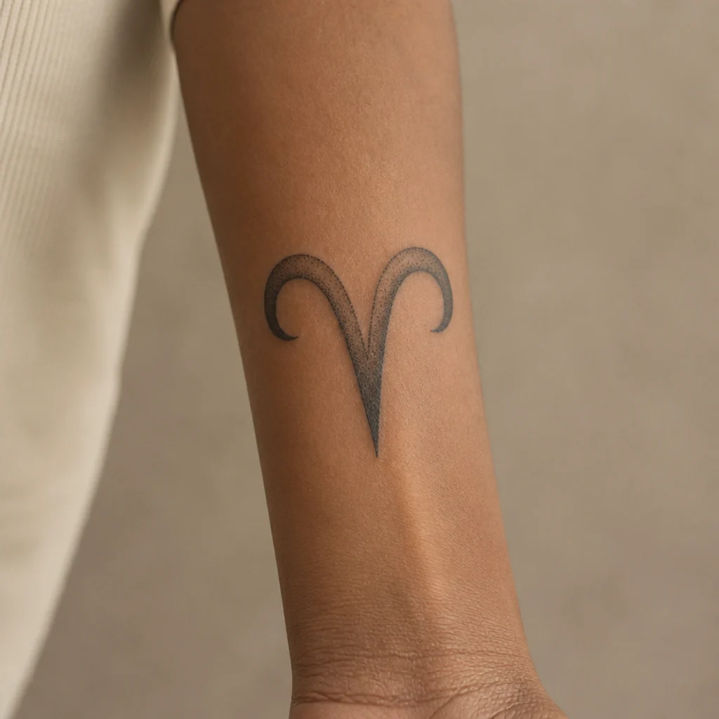 Dotwork stippled Aries glyph tattoo built from fine black dots with varied density on an inner forearm