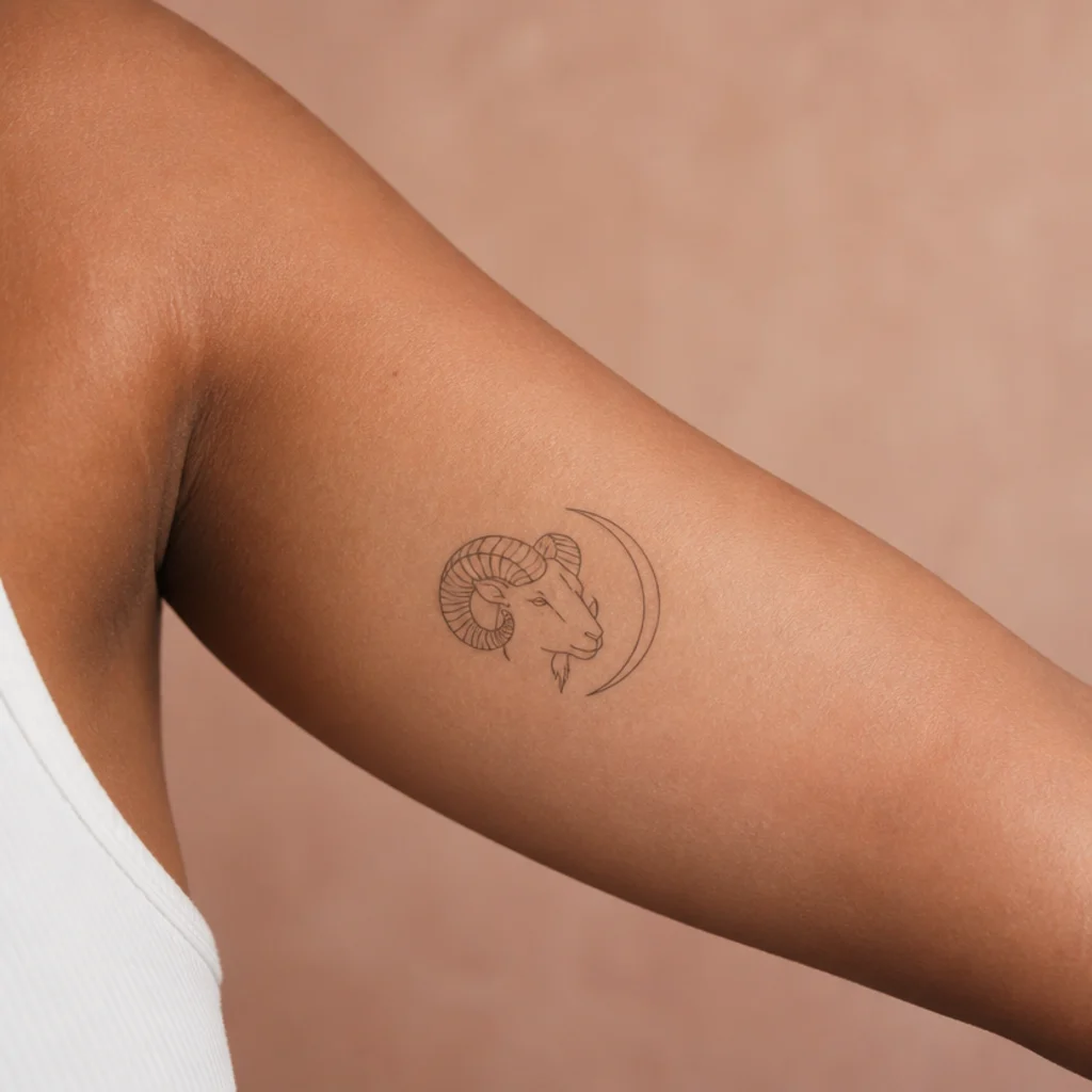 Small ram head paired with a slim fine-line crescent moon framing the design on an inner bicep