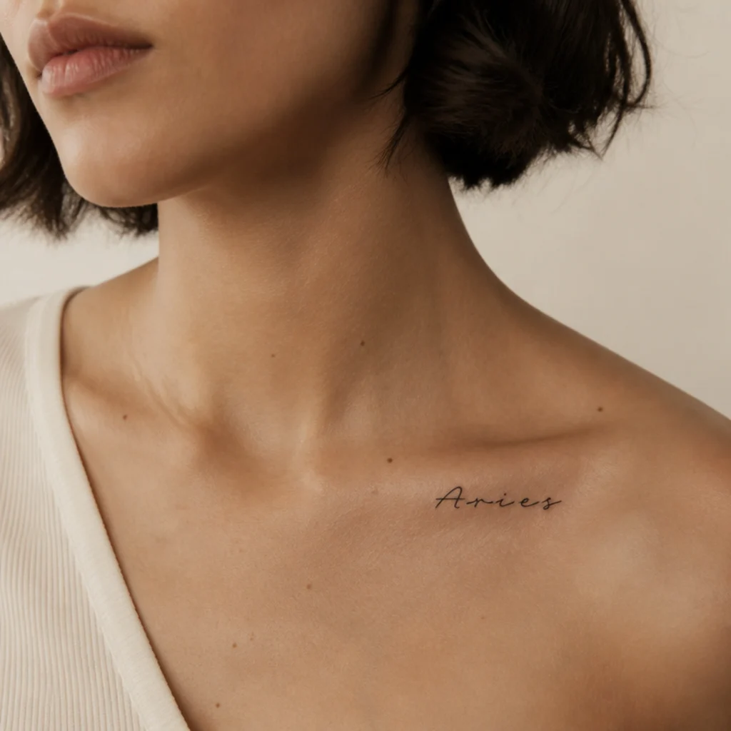 Small delicate script lettering spelling Aries in fine black ink with open letter spacing along a collarbone