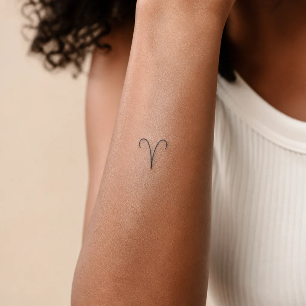 Fine-line small Aries ram glyph tattoo on a forearm against a warm ivory studio backdrop