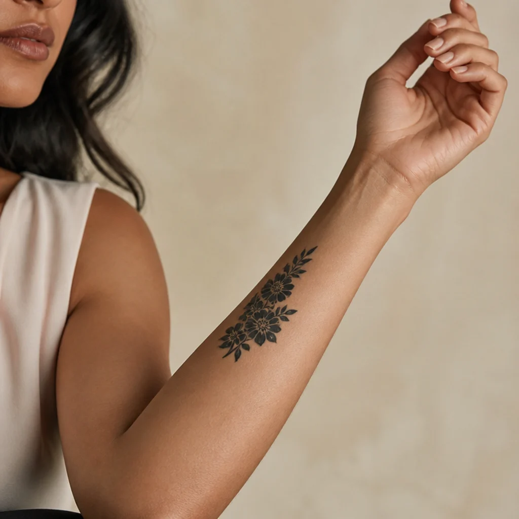 Small blackwork floral cluster cover-up tattoo in solid black on a woman's inner forearm with dense petals and crisp linework