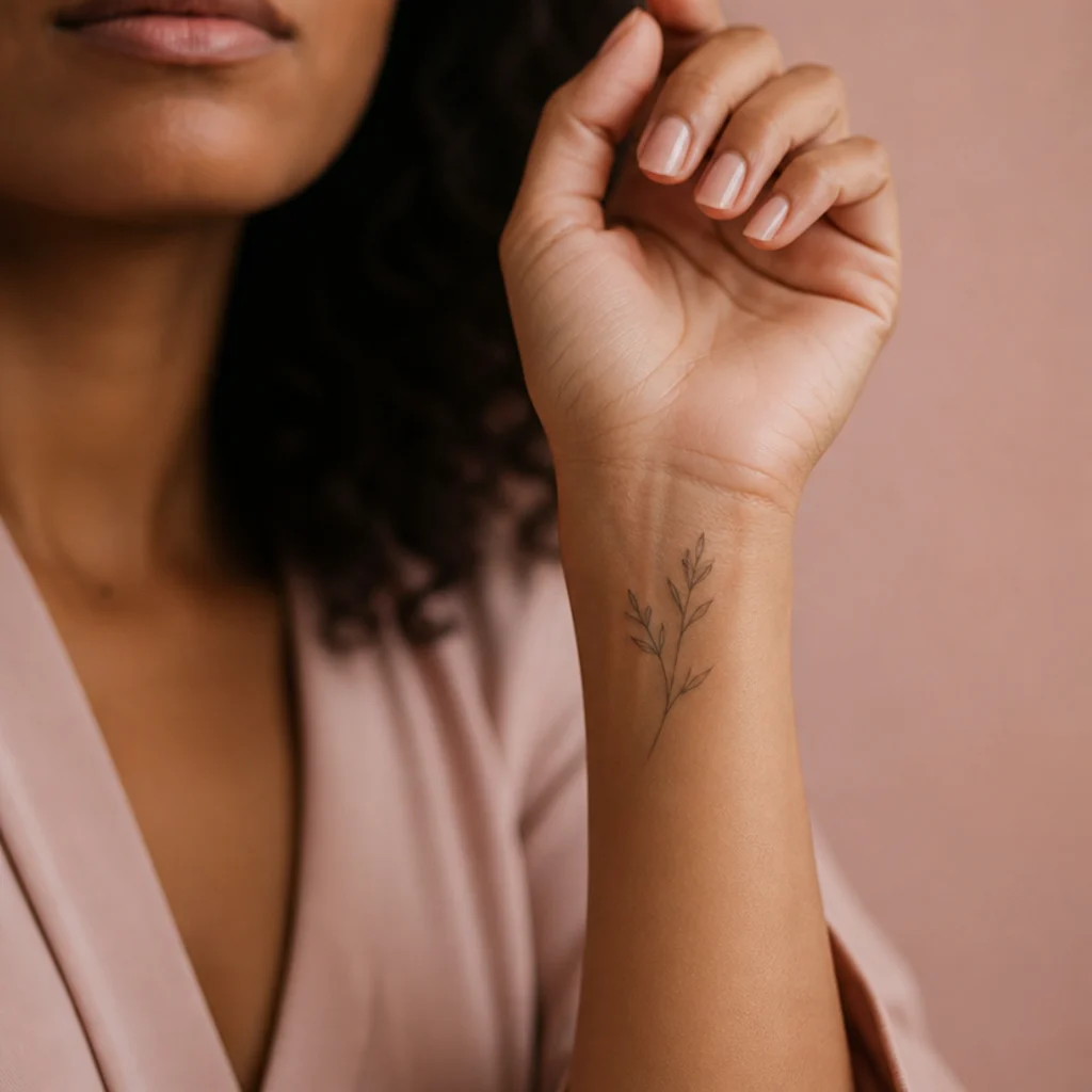 Delicate fine-line botanical sprig cover-up tattoo with thin stems and small leaves tracing a woman's wrist in warm skin tones