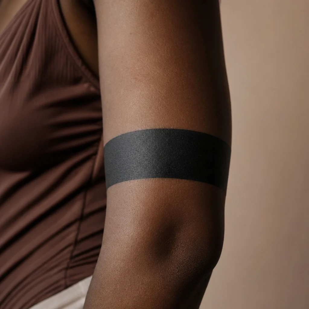 Solid black blackout band cover-up tattoo wrapping a woman's upper arm with smooth even saturation under editorial lighting