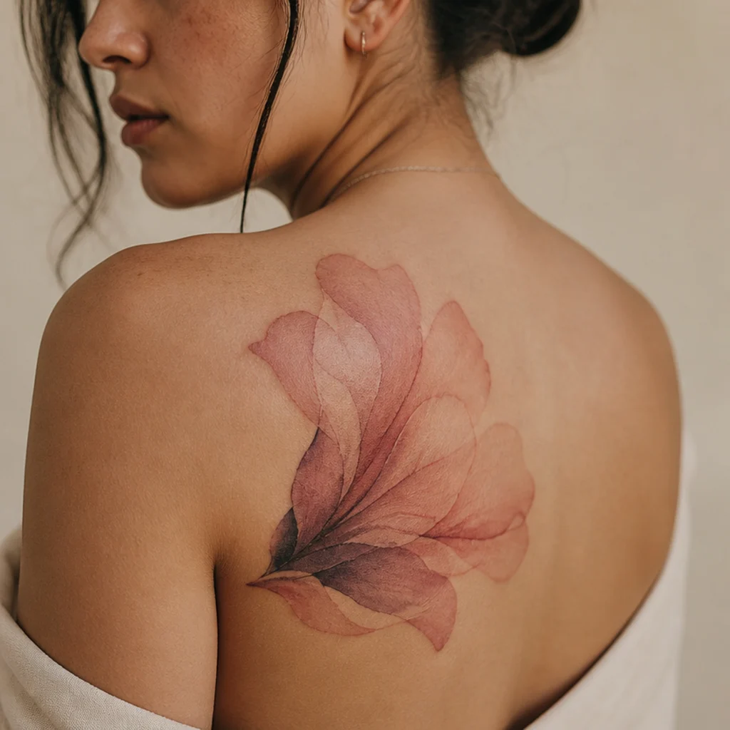 Soft watercolor wash petal cover-up tattoo in blush and rose tones on a woman's shoulder blade under diffused studio light
