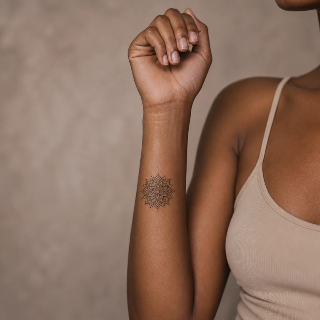Small geometric mandala cover-up tattoo with symmetrical dotwork petals on a woman's forearm showing precise fine linework