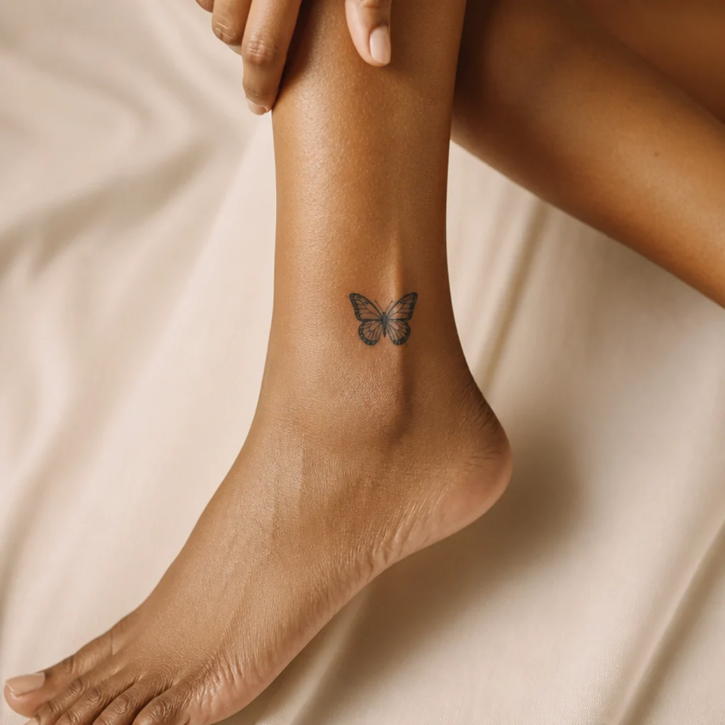 Small detailed butterfly cover-up tattoo with softly shaded wings on a woman's ankle in black and grey gradients
