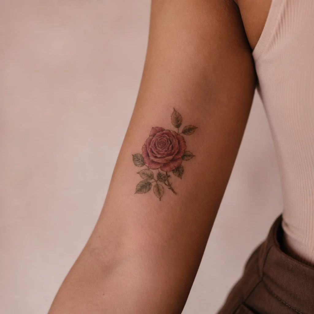 Small rose cover-up tattoo with layered leaves and rich shading on a woman's inner arm in deep red and green tones