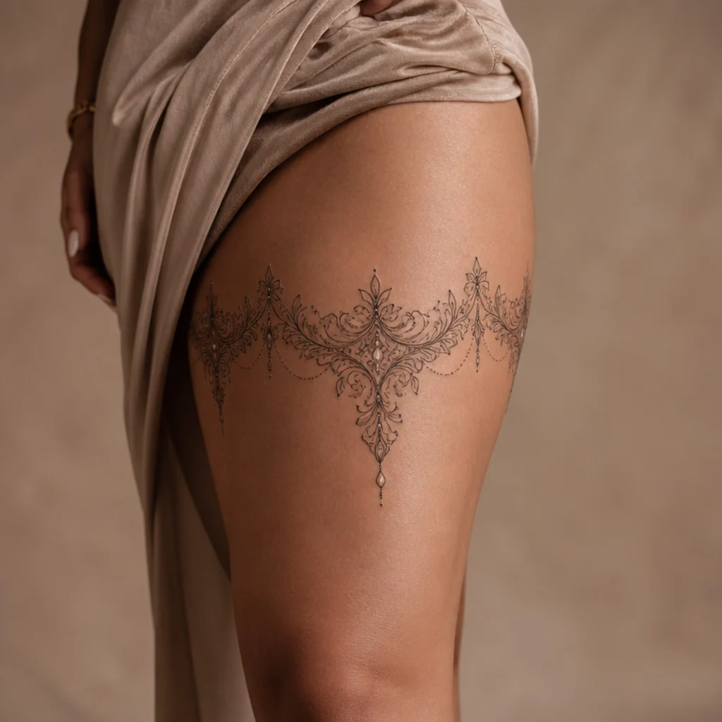 Ornamental lace-style cover-up tattoo with filigree and small pearls on a woman's thigh in fine black linework