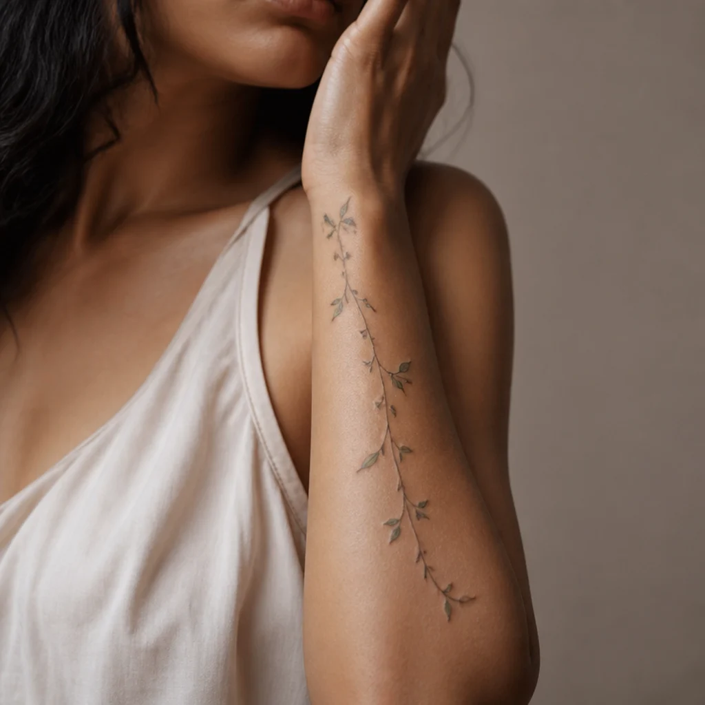 Delicate vine cover-up tattoo with small leaves tracing a faint healed scar on a woman's forearm in soft green shading