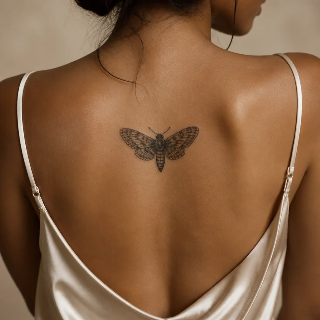 Small moth cover-up tattoo with intricately shaded wings on a woman's spine in detailed black and grey work