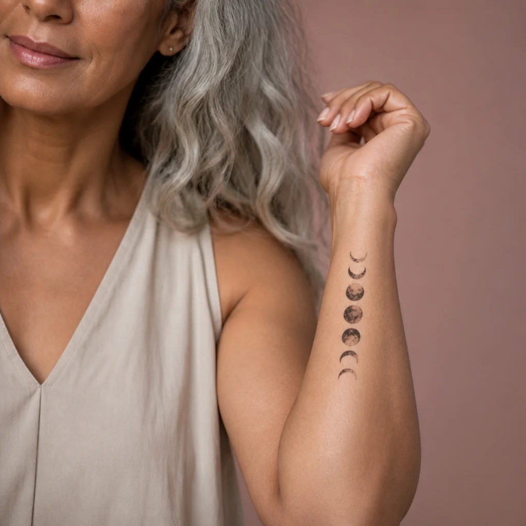 Small dotwork moon phase cover-up tattoo in a row on a woman's forearm with stippled shading in soft black