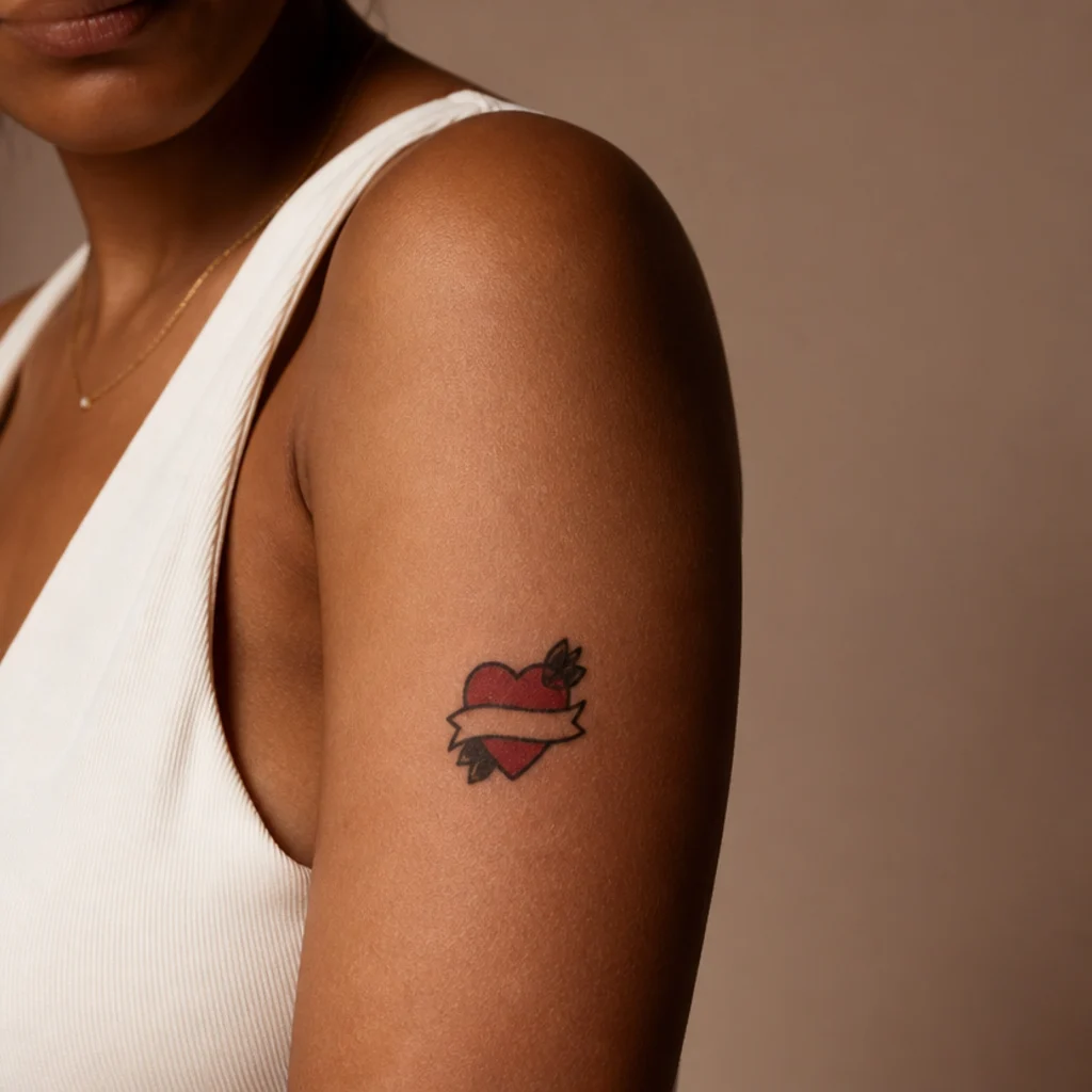 Small bold traditional heart cover-up tattoo with a banner and solid fill on a woman's upper arm in rich red and black
