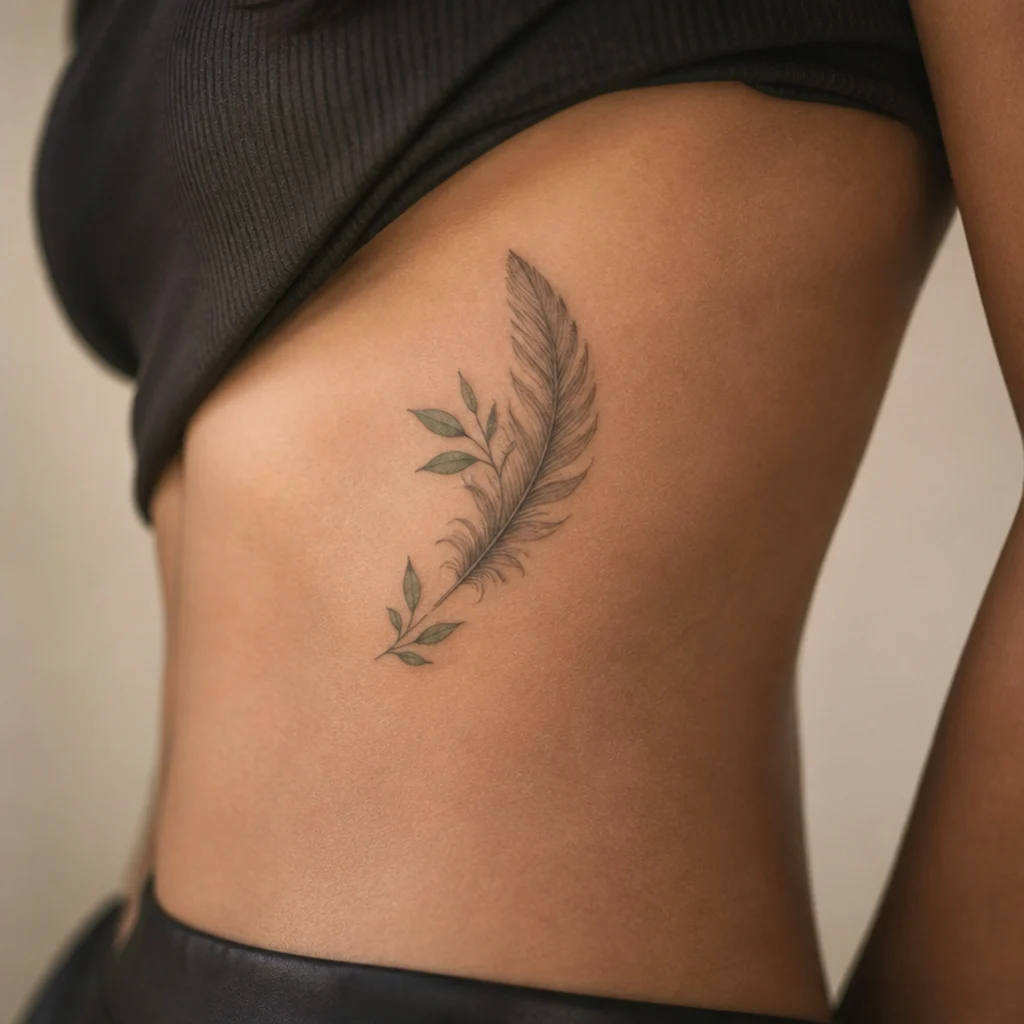 Small feather and foliage cover-up tattoo with soft barbs and leaves on a woman's ribcage in fine grey and green shading