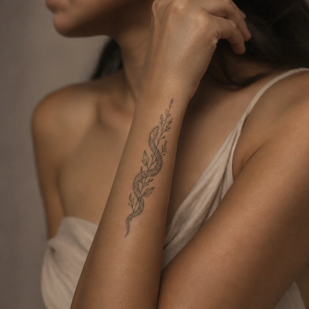 Small snake wrapped around a botanical stem cover-up tattoo on a woman's forearm in sleek black linework with subtle shading