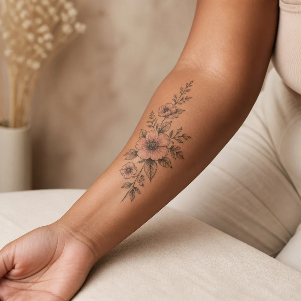 Woman's forearm showing a delicate small floral cover-up tattoo in soft black and blush shading, editorial studio lighting