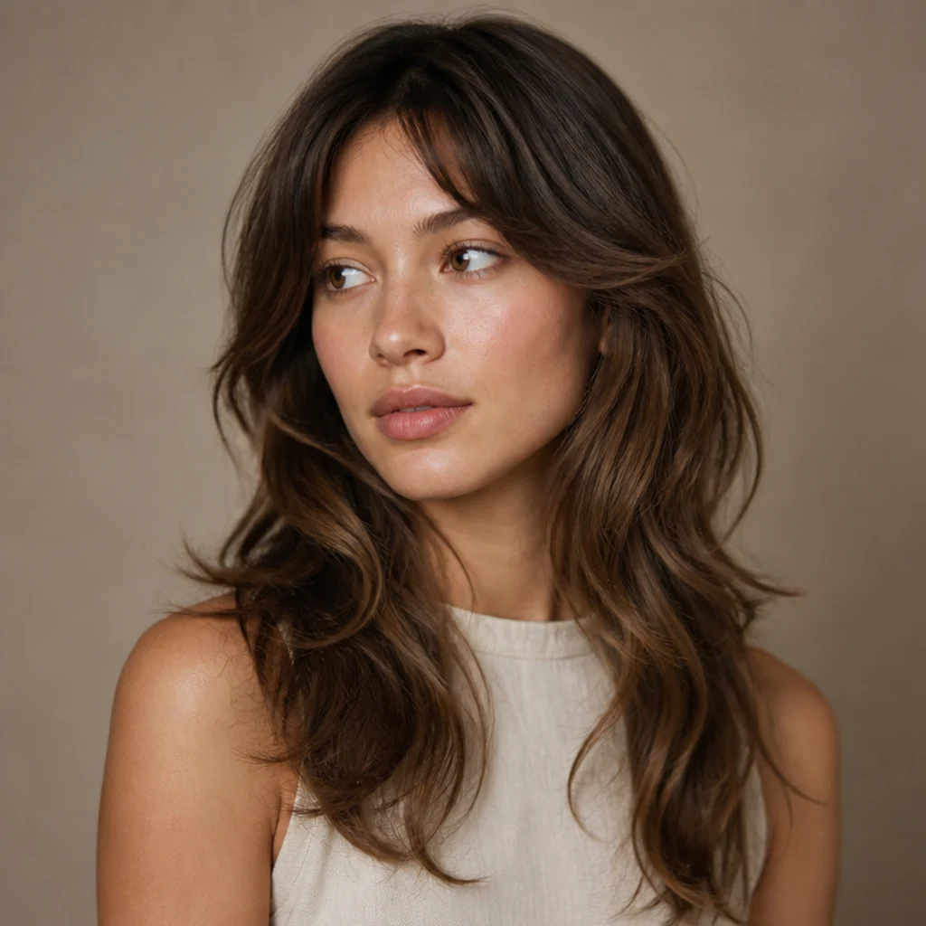 Three-quarter view of a classic soft long shag with split curtain bangs and caramel-brown wavy layers falling past the collarbone