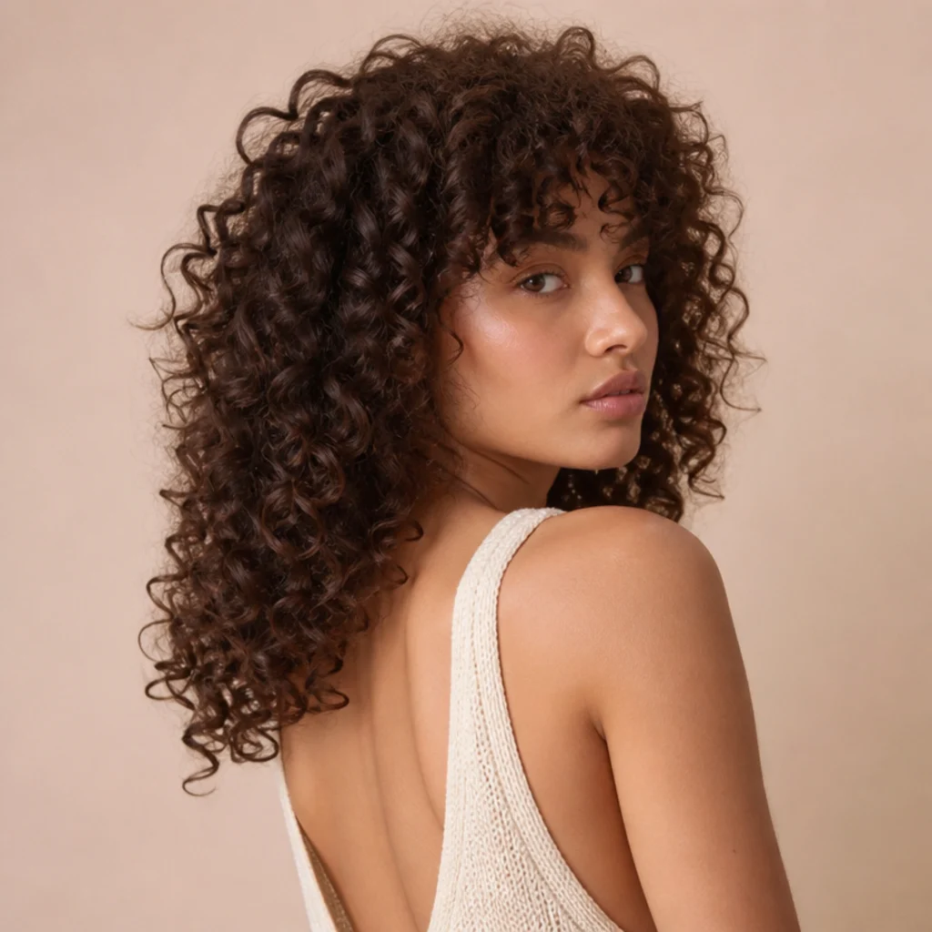 Back-to-three-quarter angle of a long curly shag haircut with springy dark 3B coils forming a rounded halo of volume