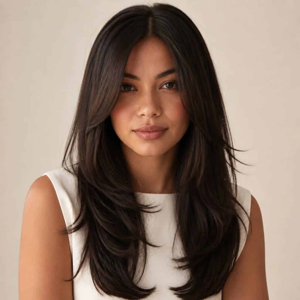 Front-facing sleek long shag on straight glossy espresso hair, smooth feathered layers with a subtle inward face-framing bend