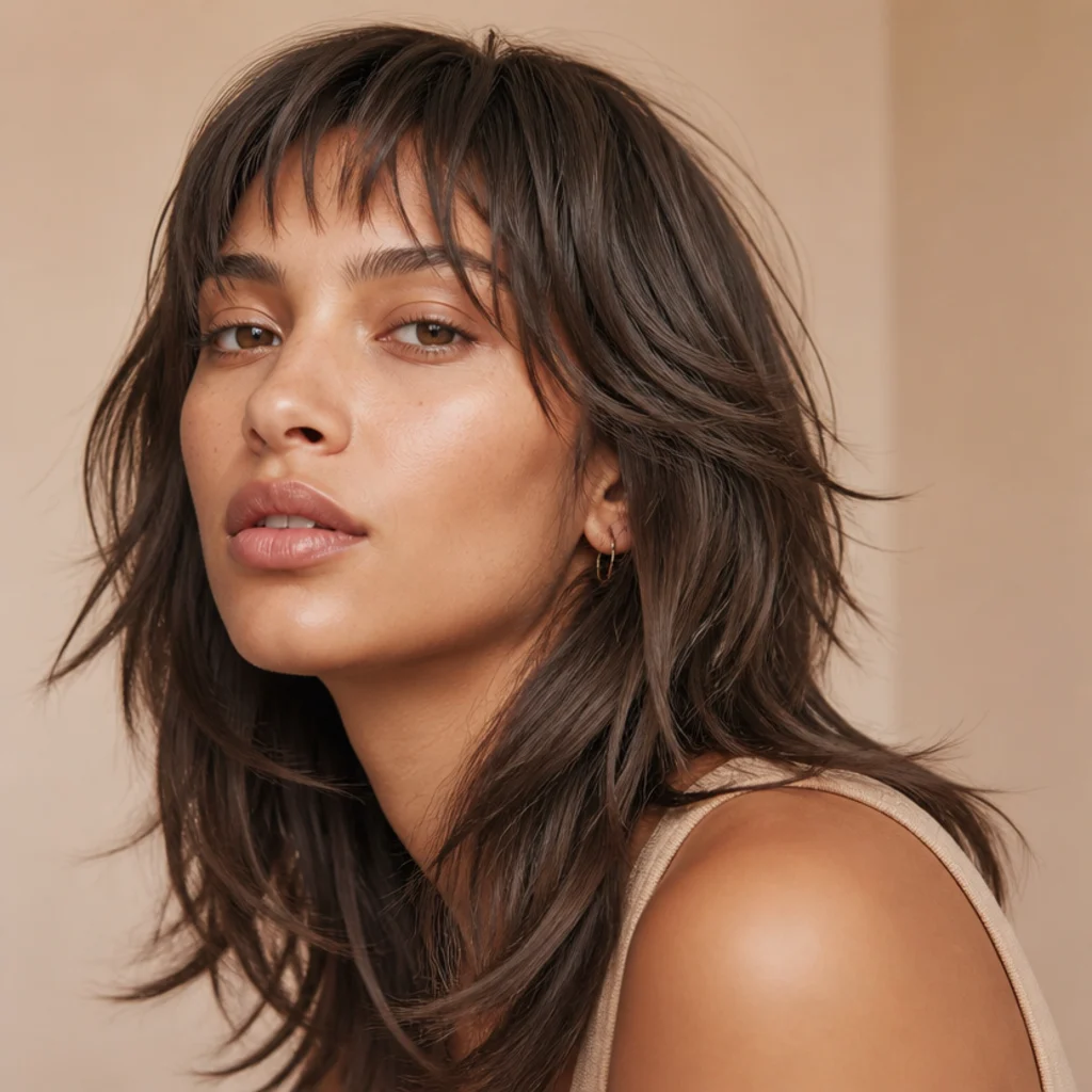 Close three-quarter angle of a long shag with a short wispy micro-fringe and soft ash-brown layers framing the eyes