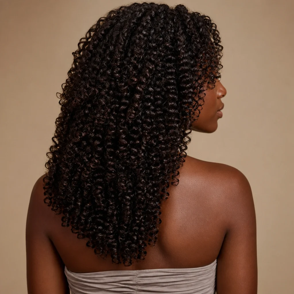 Back angle of a long curly shag haircut on tight 4B coils, defined springy texture with a rounded, voluminous silhouette