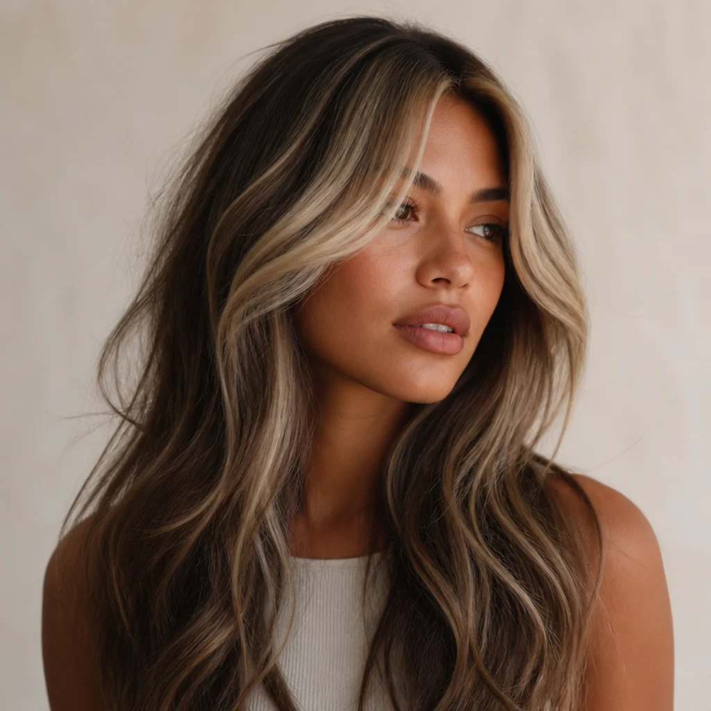 Three-quarter view of a long layered shag haircut with a brightened money-piece framing the face against deeper brunette layers