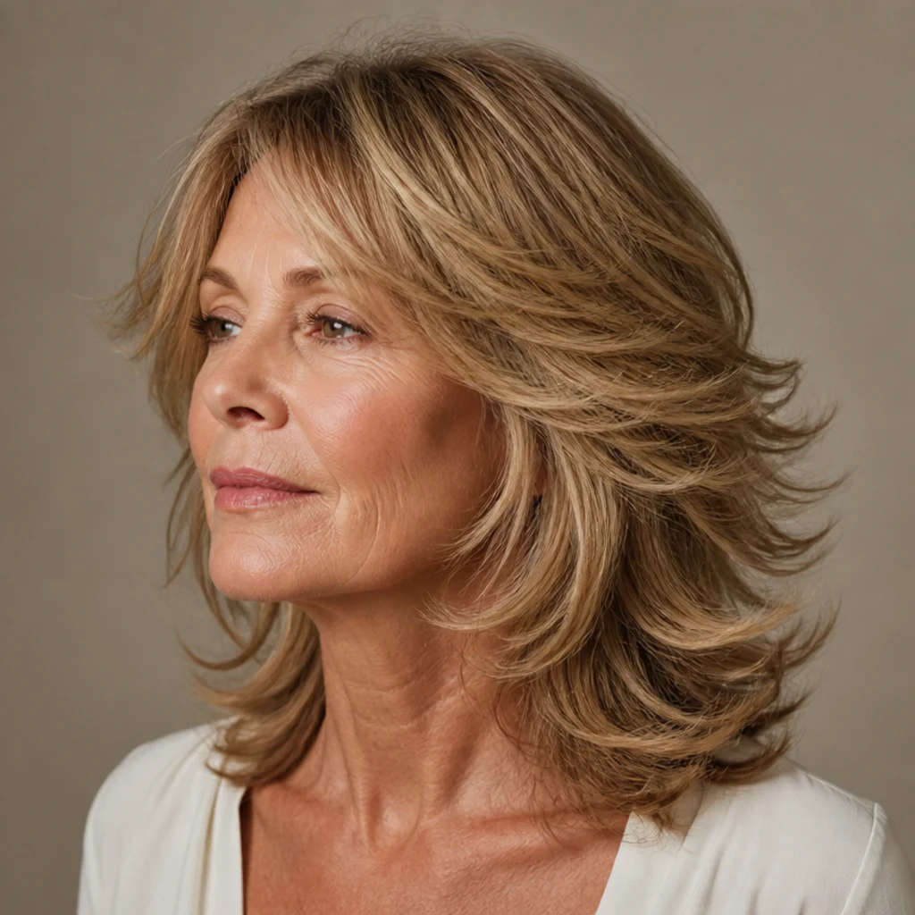 Side-swept feathered '70s soft long shag in warm honey tones, flipped-back layers framing the face