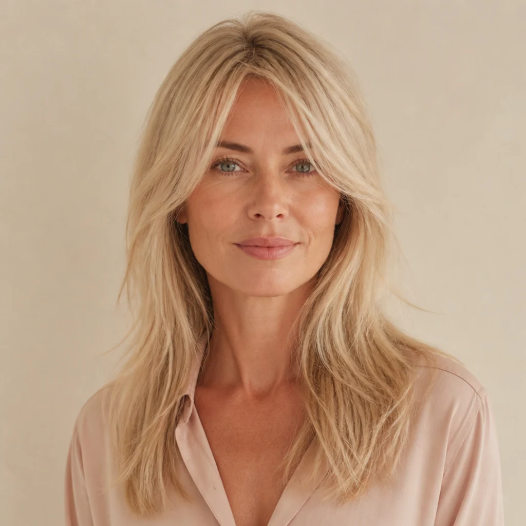Front-facing fine-hair soft long shag in cool blonde, delicate face-framing layers building the look of fullness