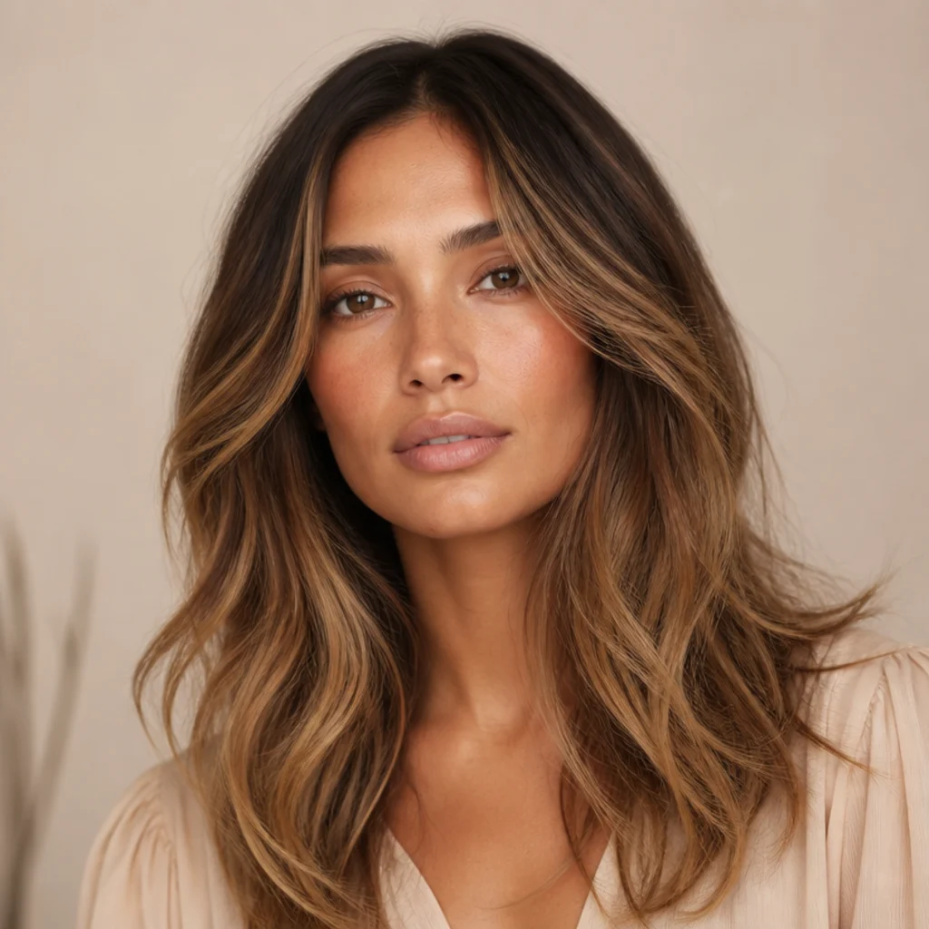 Front-facing soft long shag with a shadow root melting from deep brown into warm caramel layered ends