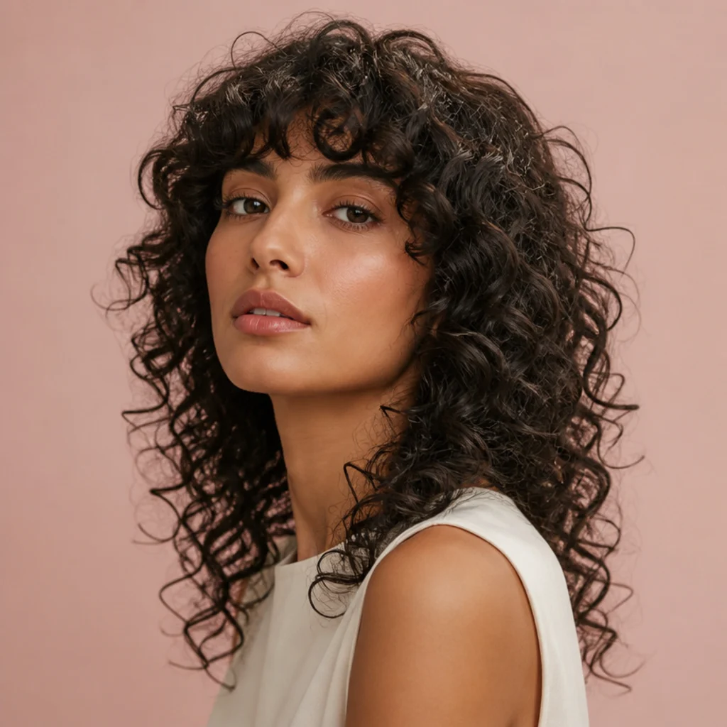 Three-quarter angle of a long curly shag haircut with tapered, wispy curl ends creating a narrowing, lighter silhouette