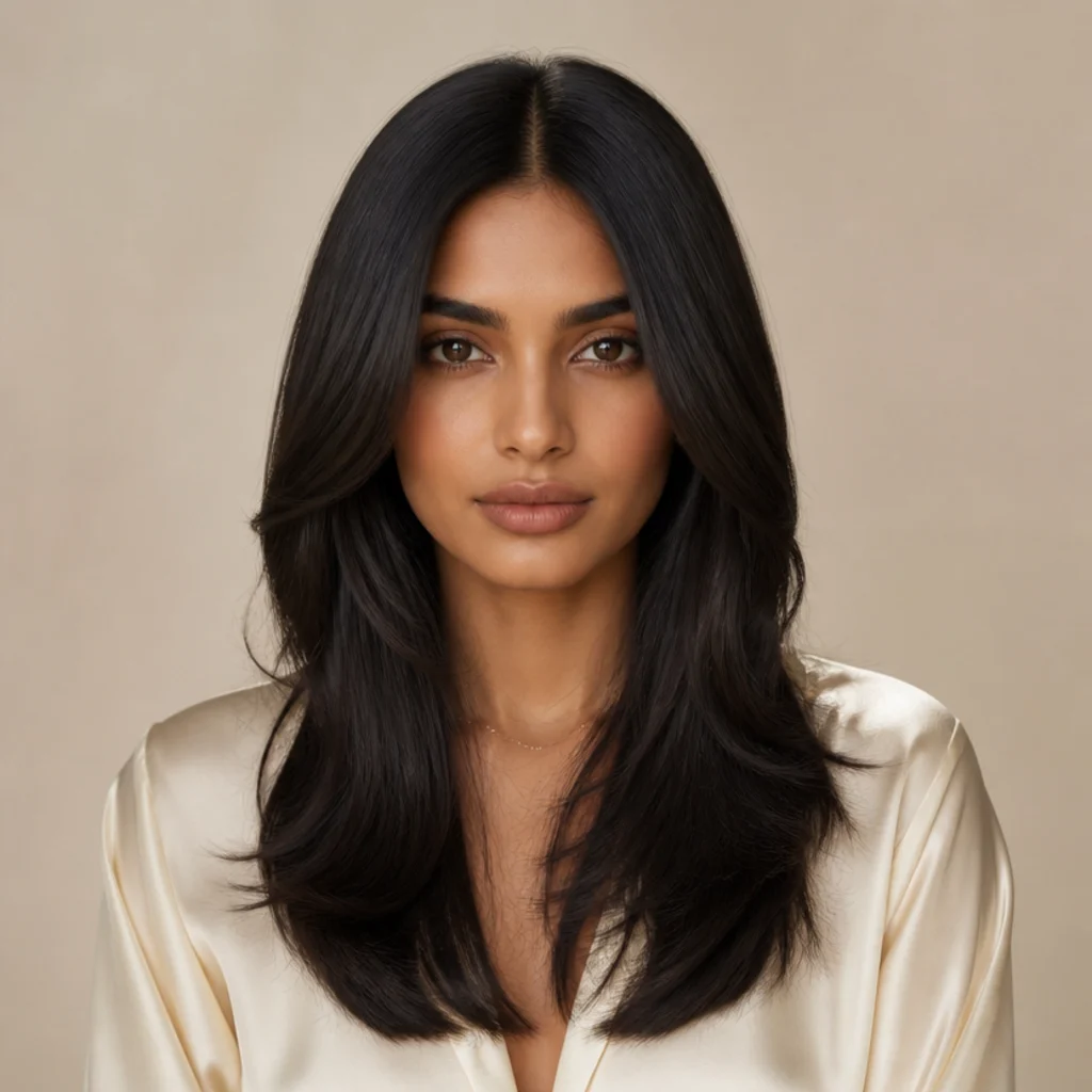 Front-facing center-part long shag on straight glossy black hair, symmetrical face-framing layers on both sides