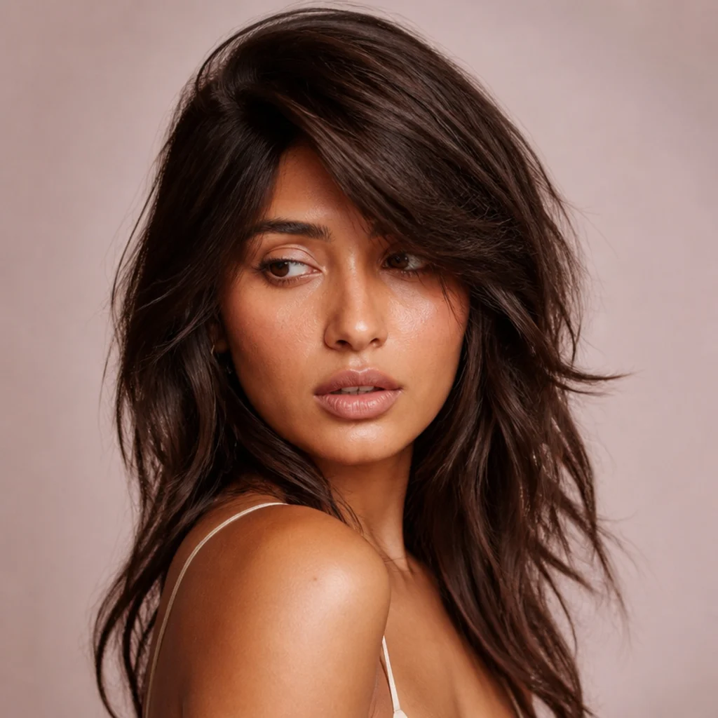 Three-quarter view of long shag choppy layers styled with a deep side part, sweeping volume across the forehead in mocha brown